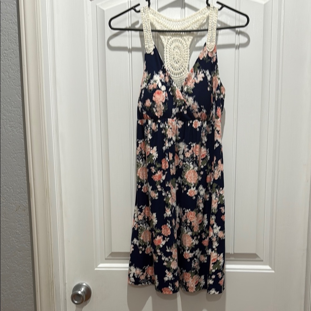 Derek Heart Navy Floral Dress with Cream Accents